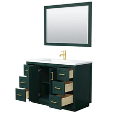Load image into Gallery viewer, Wyndham Miranda 48 Inch Single Bathroom Vanity in Green, 1.25 Inch Thick Matte White Solid Surface Countertop, Integrated Sink, Brushed Gold Trim, 46 Inch Mirror- Wyndham