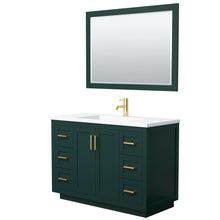 Load image into Gallery viewer, Wyndham Miranda 48 Inch Single Bathroom Vanity in Green, 1.25 Inch Thick Matte White Solid Surface Countertop, Integrated Sink, Brushed Gold Trim, 46 Inch Mirror- Wyndham