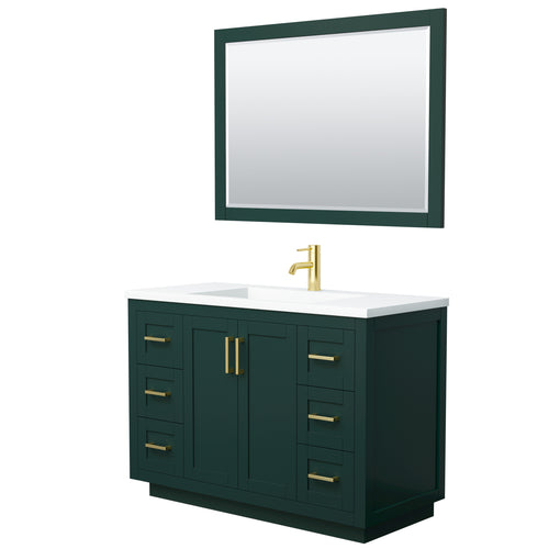 Wyndham Miranda 48 Inch Single Bathroom Vanity in Green, 1.25 Inch Thick Matte White Solid Surface Countertop, Integrated Sink, Brushed Gold Trim, 46 Inch Mirror- Wyndham