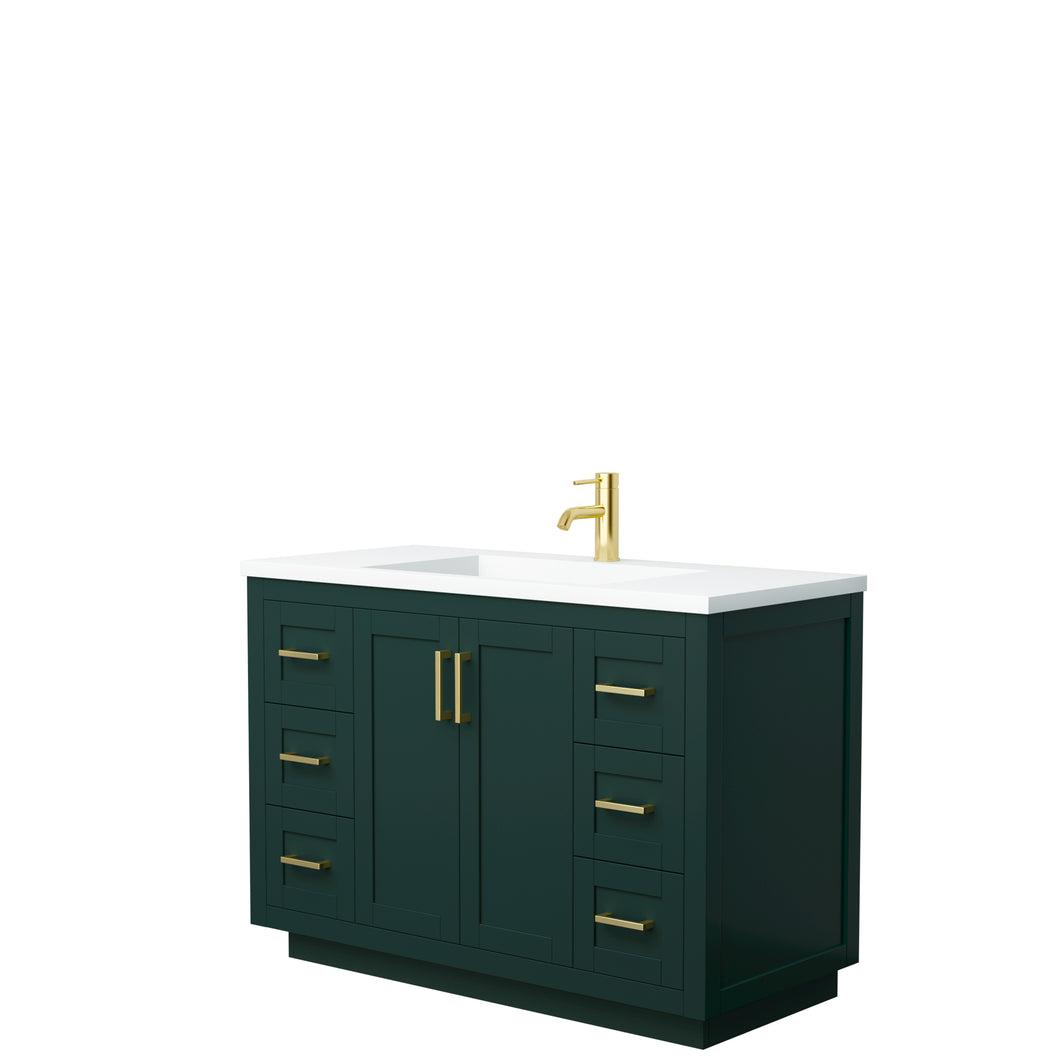 Wyndham Miranda 48 Inch Single Bathroom Vanity in Green, 1.25 Inch Thick Matte White Solid Surface Countertop, Integrated Sink, Brushed Gold Trim- Wyndham
