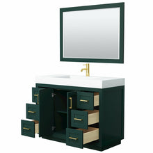 Load image into Gallery viewer, Wyndham Miranda 48 Inch Single Bathroom Vanity in Green, 4 Inch Thick Matte White Solid Surface Countertop, Integrated Sink, Brushed Gold Trim, 46 Inch Mirror- Wyndham