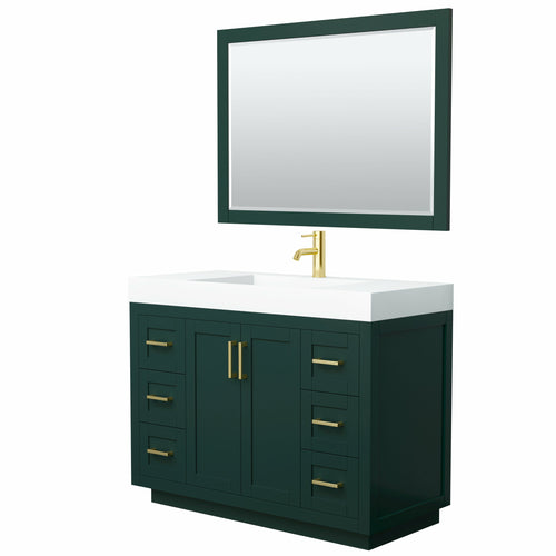 Wyndham Miranda 48 Inch Single Bathroom Vanity in Green, 4 Inch Thick Matte White Solid Surface Countertop, Integrated Sink, Brushed Gold Trim, 46 Inch Mirror- Wyndham