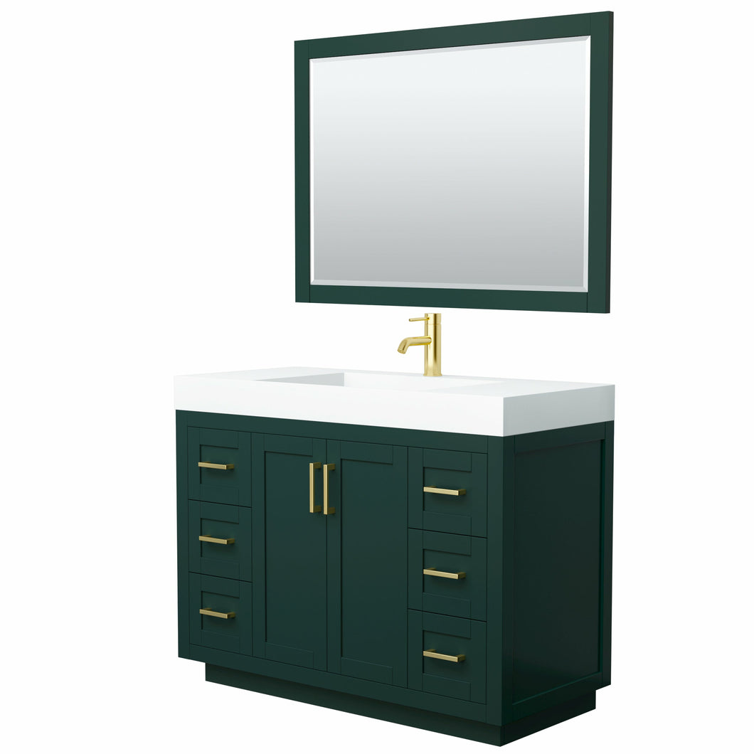 Wyndham Miranda 48 Inch Single Bathroom Vanity in Green, 4 Inch Thick Matte White Solid Surface Countertop, Integrated Sink, Brushed Gold Trim, 46 Inch Mirror- Wyndham