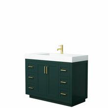 Load image into Gallery viewer, Wyndham Miranda 48 Inch Single Bathroom Vanity in Green, 4 Inch Thick Matte White Solid Surface Countertop, Integrated Sink, Brushed Gold Trim- Wyndham