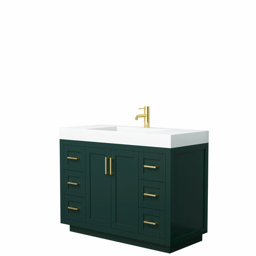 Wyndham Miranda 48 Inch Single Bathroom Vanity in Green, 4 Inch Thick Matte White Solid Surface Countertop, Integrated Sink, Brushed Gold Trim- Wyndham