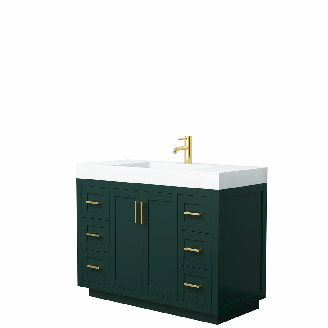 Wyndham Miranda 48 Inch Single Bathroom Vanity in Green, 4 Inch Thick Matte White Solid Surface Countertop, Integrated Sink, Brushed Gold Trim- Wyndham