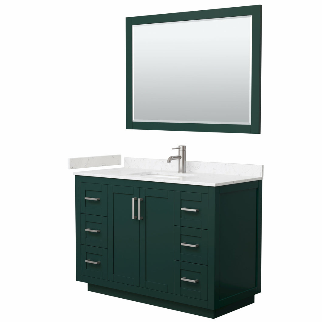 Wyndham Miranda 48 Inch Single Bathroom Vanity in Green, Light-Vein Carrara Cultured Marble Countertop, Undermount Square Sink, Brushed Nickel Trim, 46 Inch Mirror- Wyndham