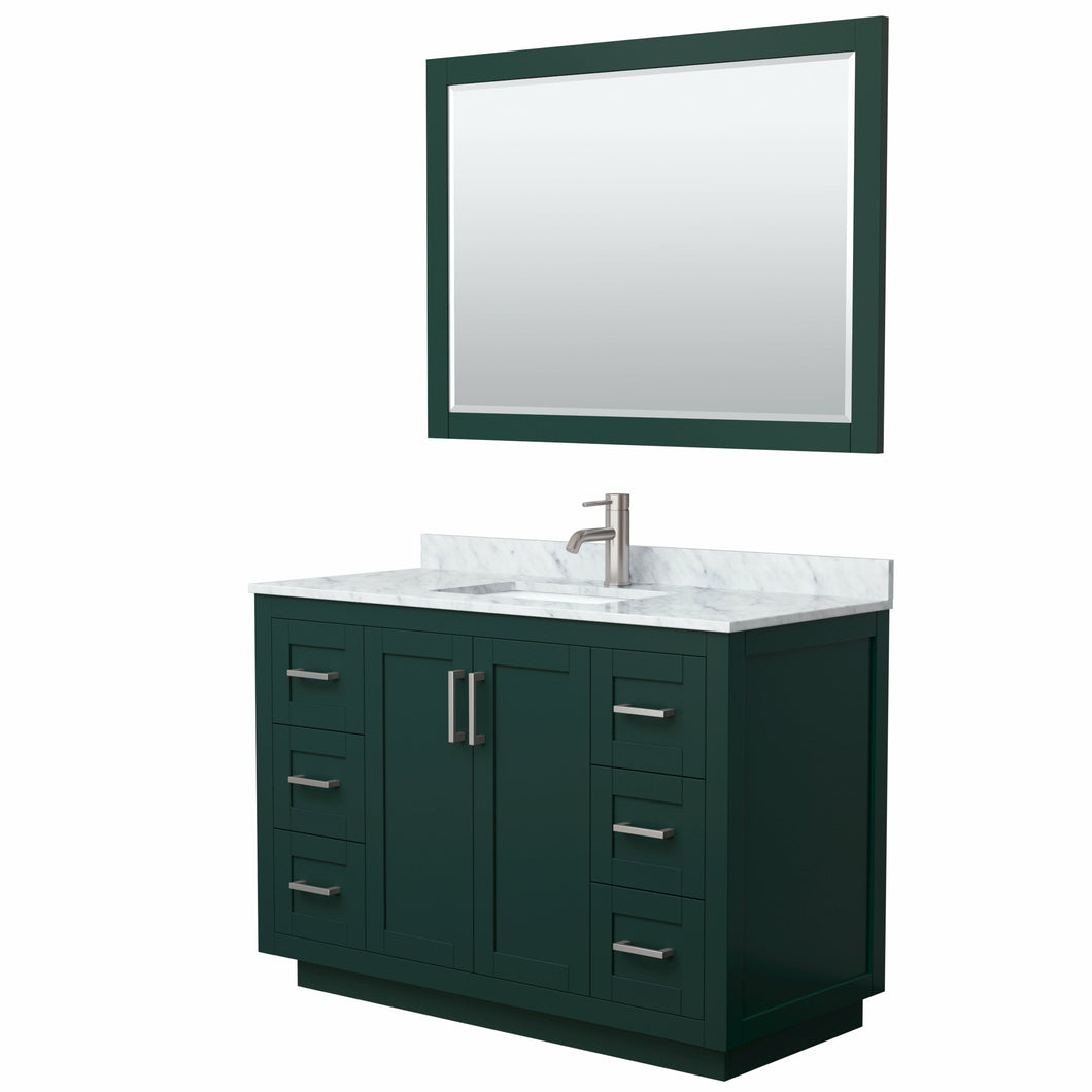 Wyndham Miranda 48 Inch Single Bathroom Vanity in Green, White Carrara Marble Countertop, Undermount Square Sink, Brushed Nickel Trim, 46 Inch Mirror- Wyndham