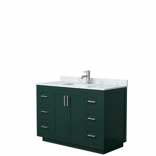 Wyndham Miranda 48 Inch Single Bathroom Vanity in Green, White Carrara Marble Countertop, Undermount Square Sink, Brushed Nickel Trim- Wyndham