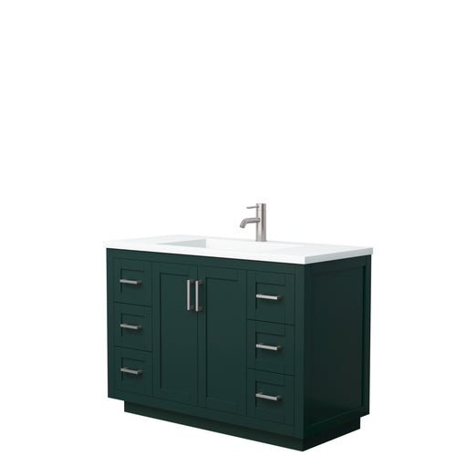 Wyndham Miranda 48 Inch Single Bathroom Vanity in Green, 1.25 Inch Thick Matte White Solid Surface Countertop, Integrated Sink, Brushed Nickel Trim- Wyndham