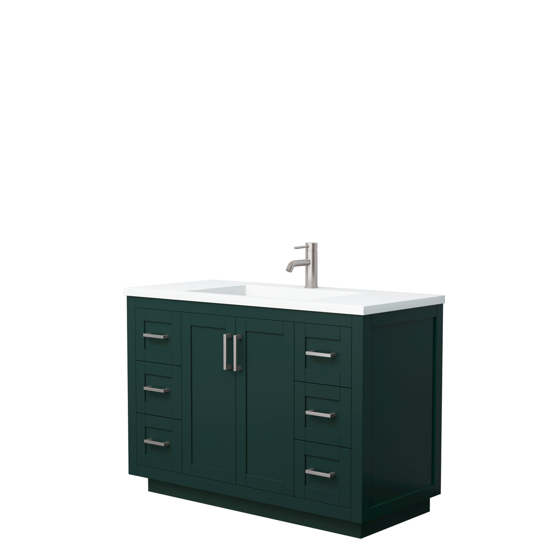 Wyndham Miranda 48 Inch Single Bathroom Vanity in Green, 1.25 Inch Thick Matte White Solid Surface Countertop, Integrated Sink, Brushed Nickel Trim- Wyndham