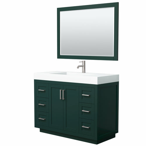 Wyndham Miranda 48 Inch Single Bathroom Vanity in Green, 4 Inch Thick Matte White Solid Surface Countertop, Integrated Sink, Brushed Nickel Trim, 46 Inch Mirror- Wyndham
