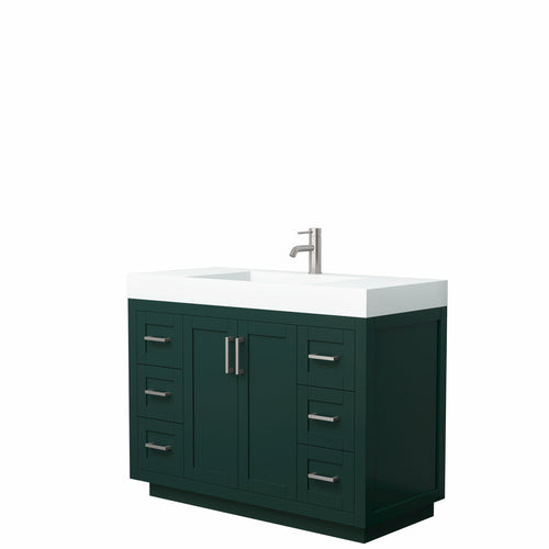 Wyndham Miranda 48 Inch Single Bathroom Vanity in Green, 4 Inch Thick Matte White Solid Surface Countertop, Integrated Sink, Brushed Nickel Trim- Wyndham