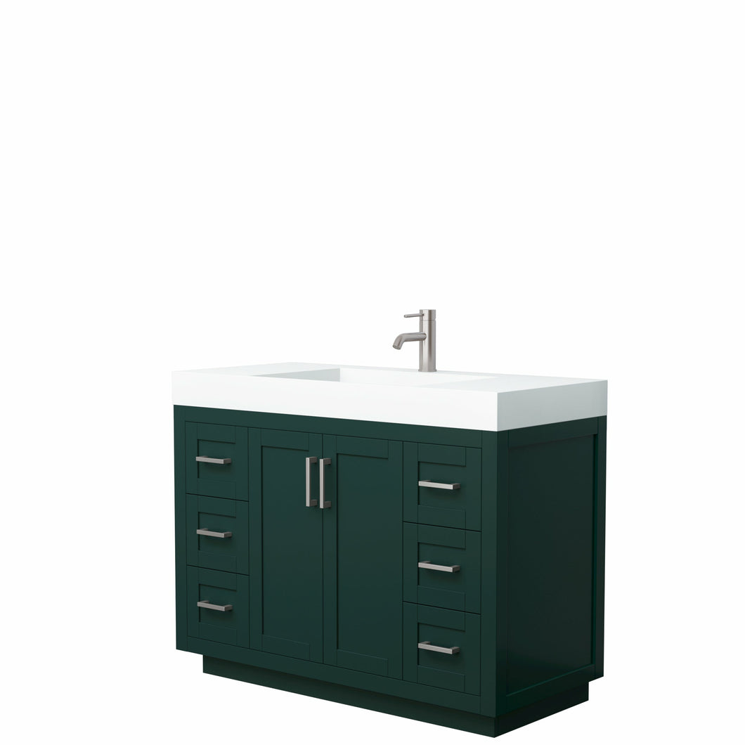 Wyndham Miranda 48 Inch Single Bathroom Vanity in Green, 4 Inch Thick Matte White Solid Surface Countertop, Integrated Sink, Brushed Nickel Trim- Wyndham