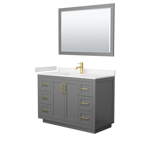 Wyndham Miranda 48 Inch Single Bathroom Vanity in Dark Gray, Light-Vein Carrara Cultured Marble Countertop, Undermount Square Sink, Brushed Gold Trim, 46 Inch Mirror- Wyndham