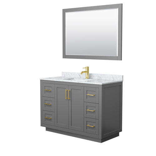 Wyndham Miranda 48 Inch Single Bathroom Vanity in Dark Gray, White Carrara Marble Countertop, Undermount Square Sink, Brushed Gold Trim, 46 Inch Mirror- Wyndham