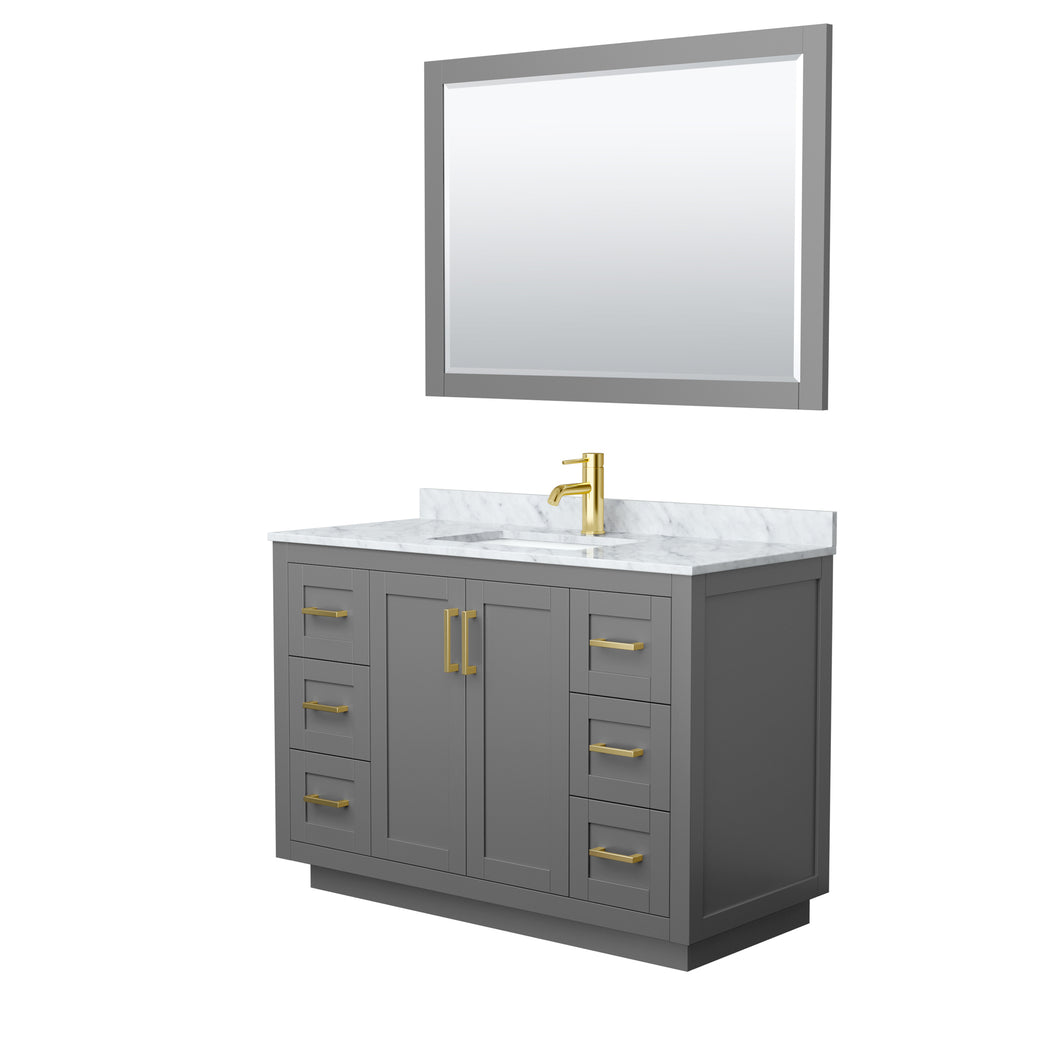 Wyndham Miranda 48 Inch Single Bathroom Vanity in Dark Gray, White Carrara Marble Countertop, Undermount Square Sink, Brushed Gold Trim, 46 Inch Mirror- Wyndham