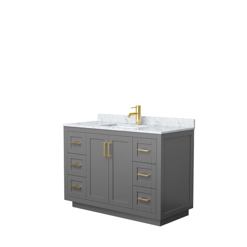 Wyndham Miranda 48 Inch Single Bathroom Vanity in Dark Gray, White Carrara Marble Countertop, Undermount Square Sink, Brushed Gold Trim- Wyndham