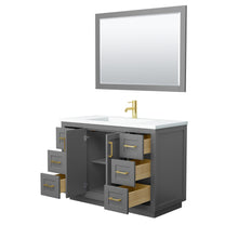 Load image into Gallery viewer, Wyndham Miranda 48 Inch Single Bathroom Vanity in Dark Gray, 1.25 Inch Thick Matte White Solid Surface Countertop, Integrated Sink, Brushed Gold Trim, 46 Inch Mirror- Wyndham