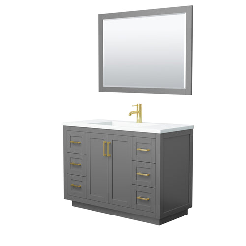 Wyndham Miranda 48 Inch Single Bathroom Vanity in Dark Gray, 1.25 Inch Thick Matte White Solid Surface Countertop, Integrated Sink, Brushed Gold Trim, 46 Inch Mirror- Wyndham