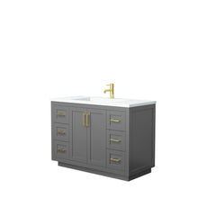 Load image into Gallery viewer, Wyndham Miranda 48 Inch Single Bathroom Vanity in Dark Gray, 1.25 Inch Thick Matte White Solid Surface Countertop, Integrated Sink, Brushed Gold Trim- Wyndham