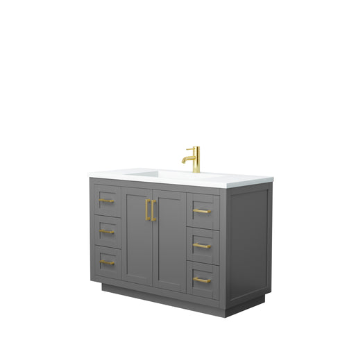 Wyndham Miranda 48 Inch Single Bathroom Vanity in Dark Gray, 1.25 Inch Thick Matte White Solid Surface Countertop, Integrated Sink, Brushed Gold Trim- Wyndham