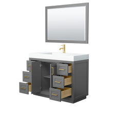 Load image into Gallery viewer, Wyndham Miranda 48 Inch Single Bathroom Vanity in Dark Gray, 4 Inch Thick Matte White Solid Surface Countertop, Integrated Sink, Brushed Gold Trim, 46 Inch Mirror- Wyndham