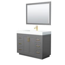 Load image into Gallery viewer, Wyndham Miranda 48 Inch Single Bathroom Vanity in Dark Gray, 4 Inch Thick Matte White Solid Surface Countertop, Integrated Sink, Brushed Gold Trim, 46 Inch Mirror- Wyndham