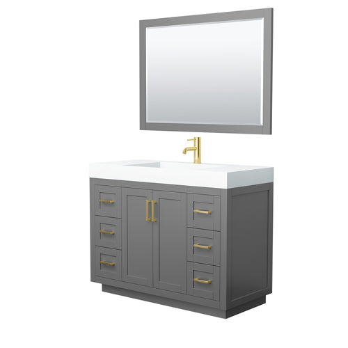 Wyndham Miranda 48 Inch Single Bathroom Vanity in Dark Gray, 4 Inch Thick Matte White Solid Surface Countertop, Integrated Sink, Brushed Gold Trim, 46 Inch Mirror- Wyndham