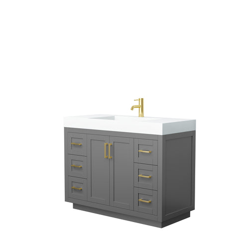 Wyndham Miranda 48 Inch Single Bathroom Vanity in Dark Gray, 4 Inch Thick Matte White Solid Surface Countertop, Integrated Sink, Brushed Gold Trim- Wyndham