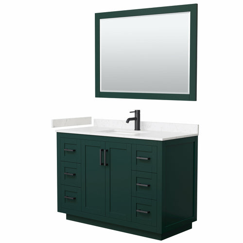 Wyndham Miranda 48 Inch Single Bathroom Vanity in Green, Light-Vein Carrara Cultured Marble Countertop, Undermount Square Sink, Matte Black Trim, 46 Inch Mirror- Wyndham