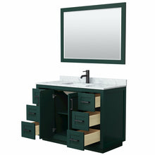 Load image into Gallery viewer, Wyndham Miranda 48 Inch Single Bathroom Vanity in Green, White Carrara Marble Countertop, Undermount Square Sink, Matte Black Trim, 46 Inch Mirror- Wyndham