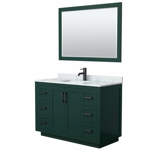 Wyndham Miranda 48 Inch Single Bathroom Vanity in Green, White Carrara Marble Countertop, Undermount Square Sink, Matte Black Trim, 46 Inch Mirror- Wyndham