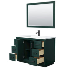 Load image into Gallery viewer, Wyndham Miranda 48 Inch Single Bathroom Vanity in Green, 1.25 Inch Thick Matte White Solid Surface Countertop, Integrated Sink, Matte Black Trim, 46 Inch Mirror- Wyndham