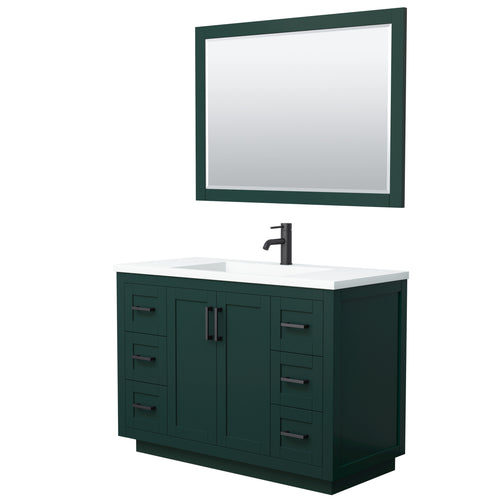 Wyndham Miranda 48 Inch Single Bathroom Vanity in Green, 1.25 Inch Thick Matte White Solid Surface Countertop, Integrated Sink, Matte Black Trim, 46 Inch Mirror- Wyndham