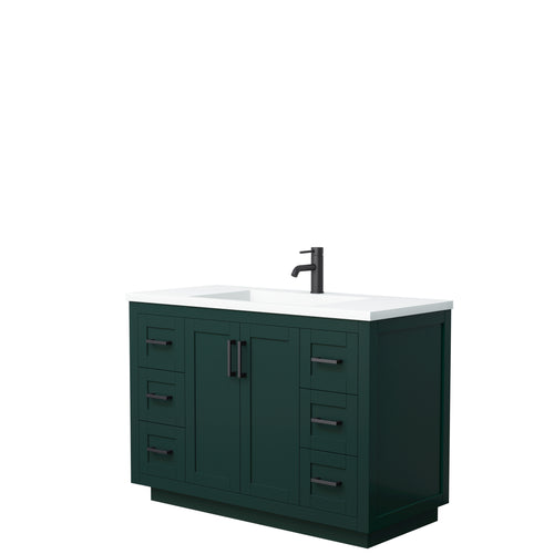 Wyndham Miranda 48 Inch Single Bathroom Vanity in Green, 1.25 Inch Thick Matte White Solid Surface Countertop, Integrated Sink, Matte Black Trim- Wyndham