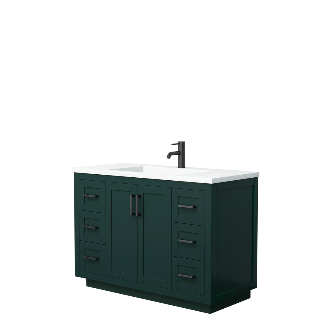 Wyndham Miranda 48 Inch Single Bathroom Vanity in Green, 1.25 Inch Thick Matte White Solid Surface Countertop, Integrated Sink, Matte Black Trim- Wyndham