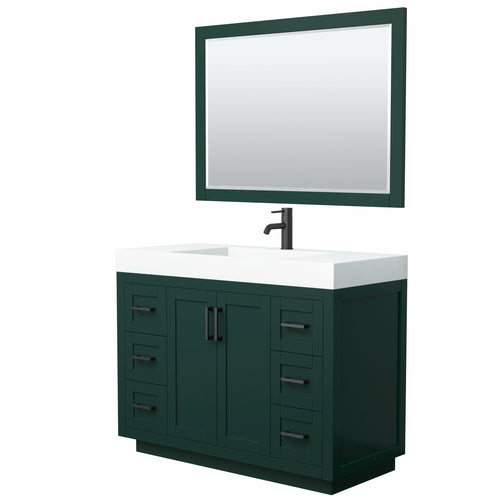 Wyndham Miranda 48 Inch Single Bathroom Vanity in Green, 4 Inch Thick Matte White Solid Surface Countertop, Integrated Sink, Matte Black Trim, 46 Inch Mirror- Wyndham