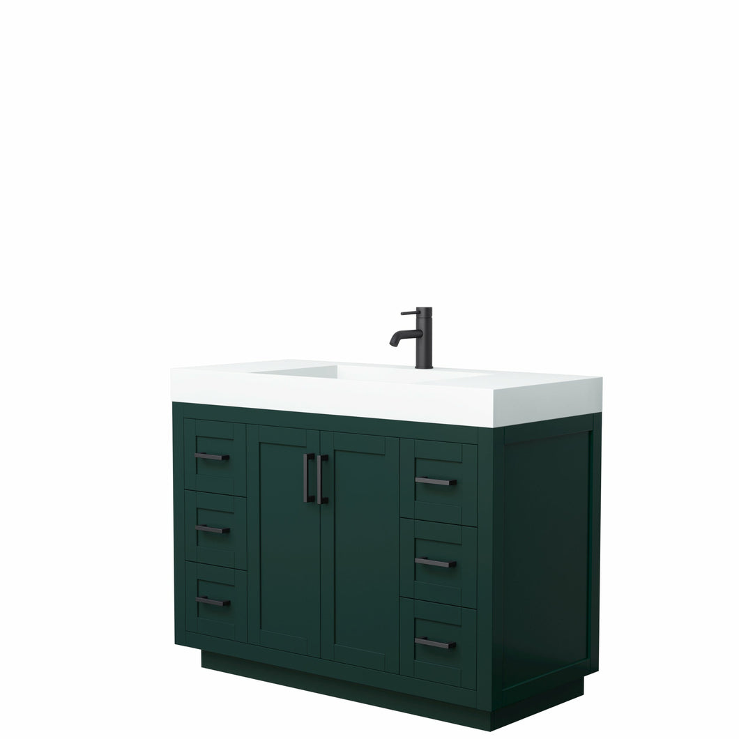 Wyndham Miranda 48 Inch Single Bathroom Vanity in Green, 4 Inch Thick Matte White Solid Surface Countertop, Integrated Sink, Matte Black Trim- Wyndham