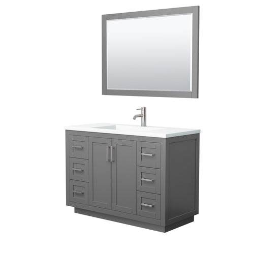 Wyndham Miranda 48 Inch Single Bathroom Vanity in Dark Gray, 1.25 Inch Thick Matte White Solid Surface Countertop, Integrated Sink, Brushed Nickel Trim, 46 Inch Mirror- Wyndham