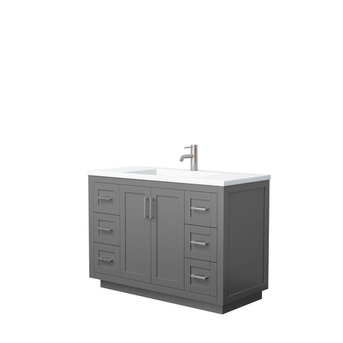 Wyndham Miranda 48 Inch Single Bathroom Vanity in Dark Gray, 1.25 Inch Thick Matte White Solid Surface Countertop, Integrated Sink, Brushed Nickel Trim- Wyndham