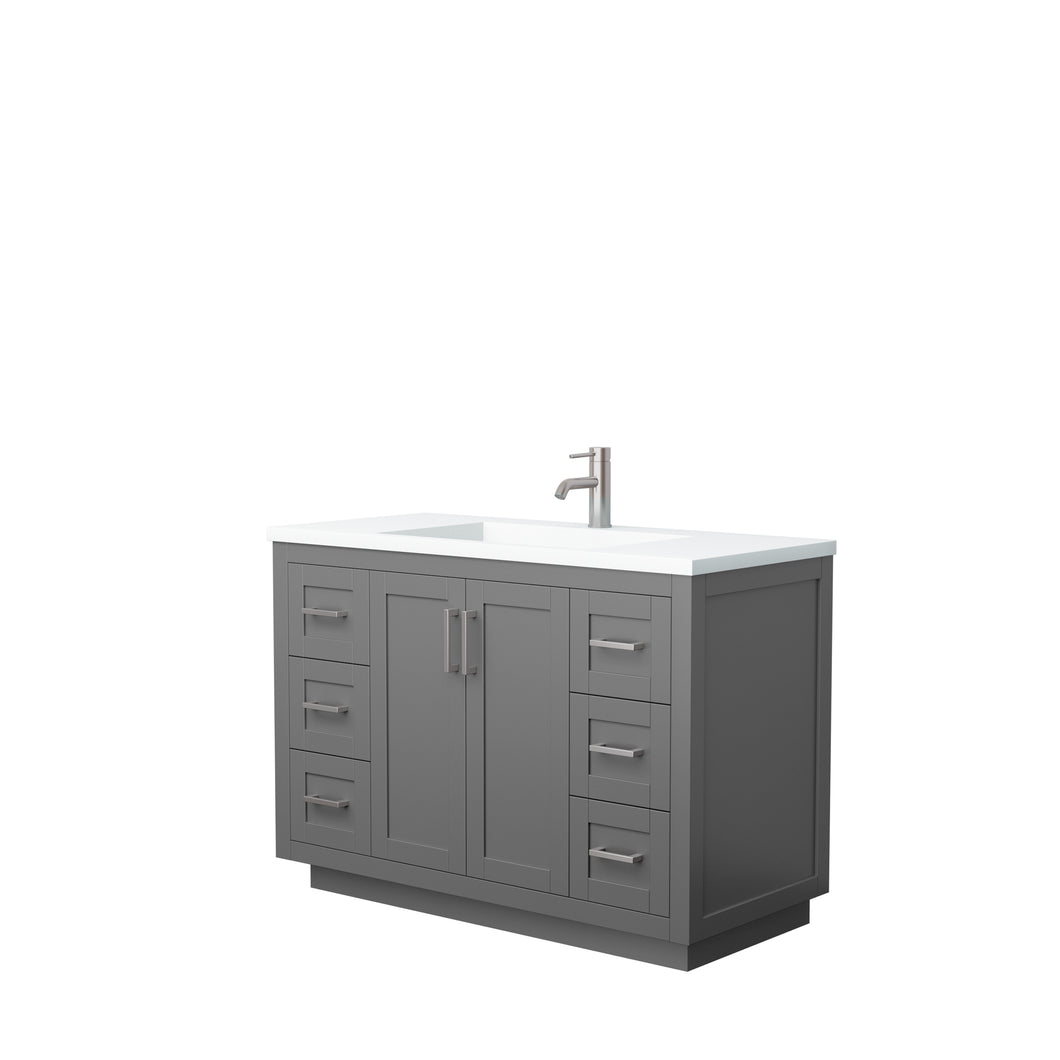 Wyndham Miranda 48 Inch Single Bathroom Vanity in Dark Gray, 1.25 Inch Thick Matte White Solid Surface Countertop, Integrated Sink, Brushed Nickel Trim- Wyndham
