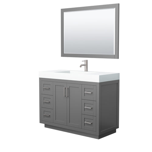 Wyndham Miranda 48 Inch Single Bathroom Vanity in Dark Gray, 4 Inch Thick Matte White Solid Surface Countertop, Integrated Sink, Brushed Nickel Trim, 46 Inch Mirror- Wyndham