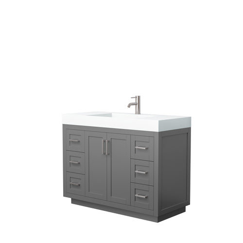 Wyndham Miranda 48 Inch Single Bathroom Vanity in Dark Gray, 4 Inch Thick Matte White Solid Surface Countertop, Integrated Sink, Brushed Nickel Trim- Wyndham