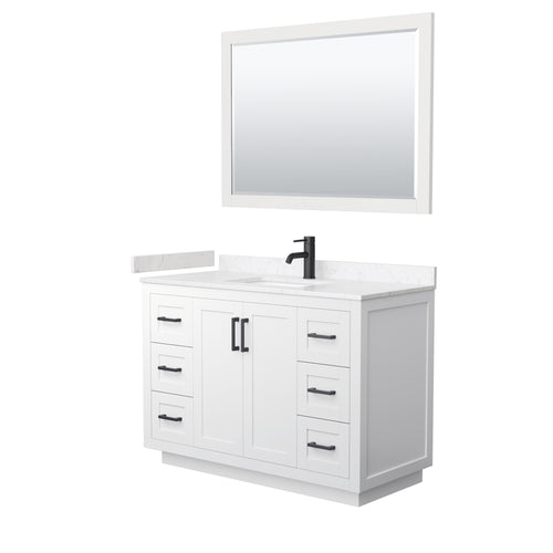 Wyndham Miranda 48 Inch Single Bathroom Vanity in White, Light-Vein Carrara Cultured Marble Countertop, Undermount Square Sink, Matte Black Trim, 46 Inch Mirror- Wyndham