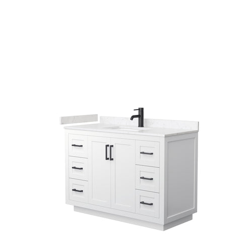 Wyndham Miranda 48 Inch Single Bathroom Vanity in White, Light-Vein Carrara Cultured Marble Countertop, Undermount Square Sink, Matte Black Trim- Wyndham