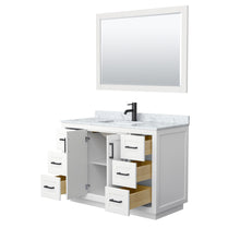 Load image into Gallery viewer, Wyndham Miranda 48 Inch Single Bathroom Vanity in White, White Carrara Marble Countertop, Undermount Square Sink, Matte Black Trim, 46 Inch Mirror- Wyndham