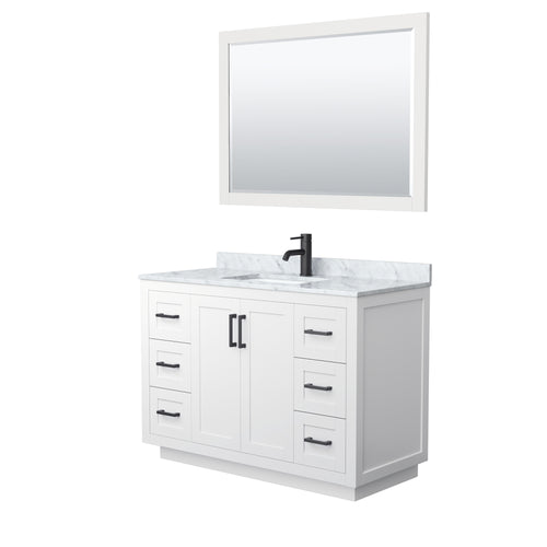 Wyndham Miranda 48 Inch Single Bathroom Vanity in White, White Carrara Marble Countertop, Undermount Square Sink, Matte Black Trim, 46 Inch Mirror- Wyndham