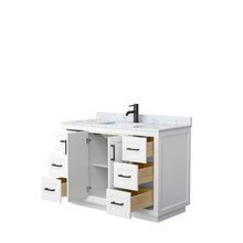 Load image into Gallery viewer, Wyndham Miranda 48 Inch Single Bathroom Vanity in White, White Carrara Marble Countertop, Undermount Square Sink, Matte Black Trim- Wyndham