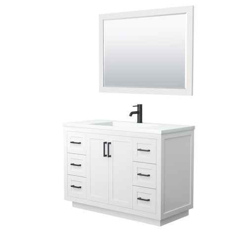 Wyndham Miranda 48 Inch Single Bathroom Vanity in White, 1.25 Inch Thick Matte White Solid Surface Countertop, Integrated Sink, Matte Black Trim, 46 Inch Mirror- Wyndham